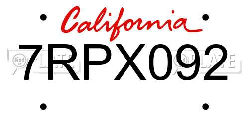7RPX092 California License Plate