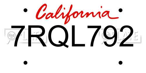 7RQL792 California License Plate