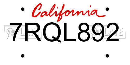 7RQL892 California License Plate