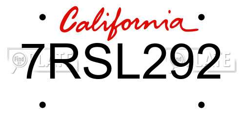 7RSL292 California License Plate
