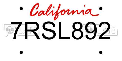 7RSL892 California License Plate