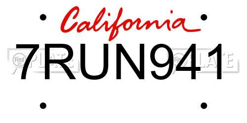 7RUN941 California License Plate