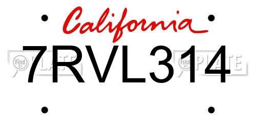 7RVL314 California License Plate
