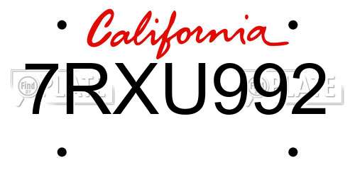 7RXU992 California License Plate
