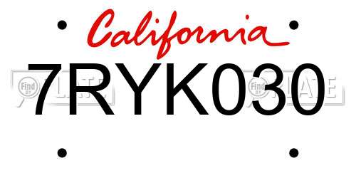 7RYK030 California License Plate