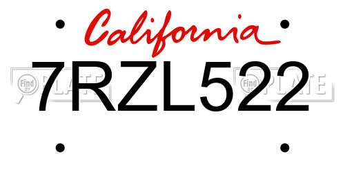 7RZL522 California License Plate