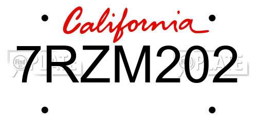 7RZM202 California License Plate