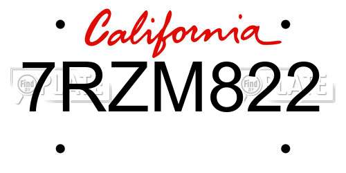 7RZM822 California License Plate