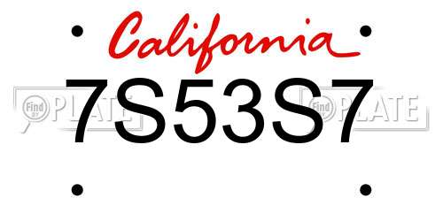 7S53S7 California License Plate