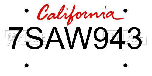 7SAW943 California License Plate