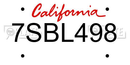 7SBL498 California License Plate
