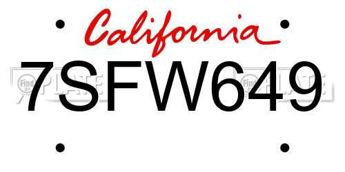 7SFW649 California License Plate