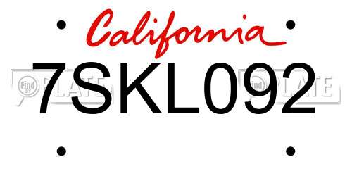 7SKL092 California License Plate