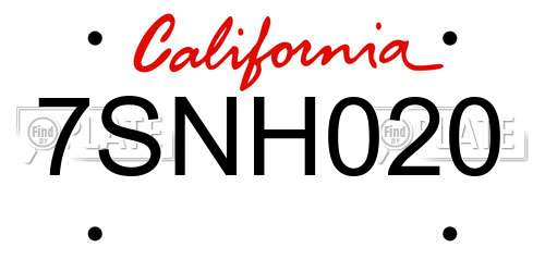 7SNH020 California License Plate