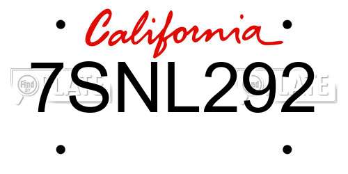 7SNL292 California License Plate