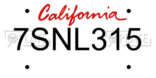 7SNL315 California License Plate