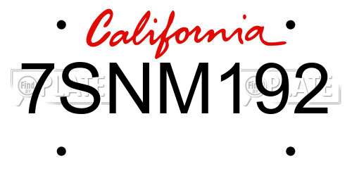 7SNM192 California License Plate