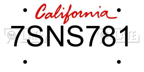 7SNS781 California License Plate