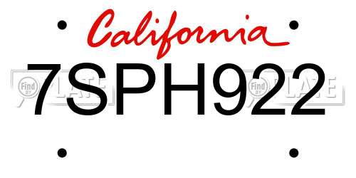 7SPH922 California License Plate