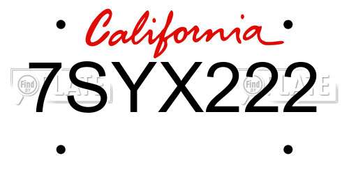 7SYX222 California License Plate