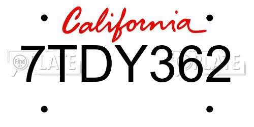 7TDY362 California License Plate