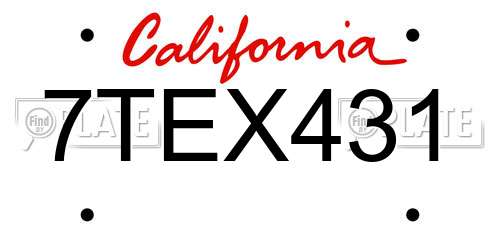 7TEX431 California License Plate