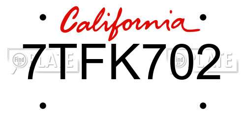 7TFK702 California License Plate