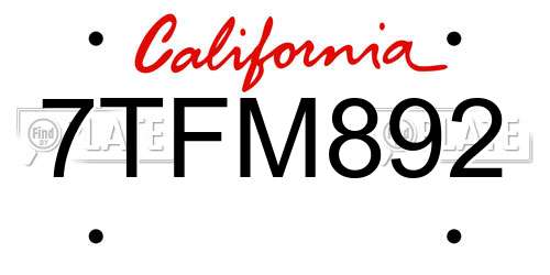 7TFM892 California License Plate