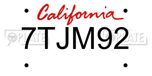 7TJM92 California License Plate