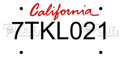 7TKL021 California License Plate