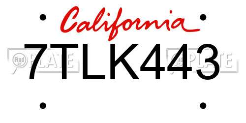 7TLK443 California License Plate