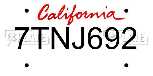 7TNJ692 California License Plate