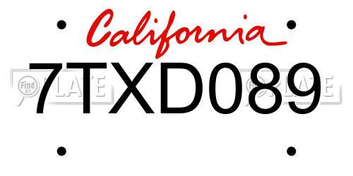 7TXD089 California License Plate