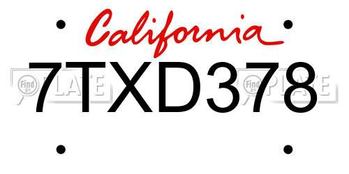 7TXD378 California License Plate