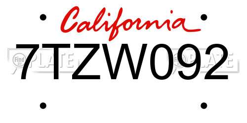 7TZW092 California License Plate
