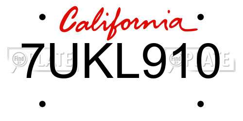 7UKL910 California License Plate