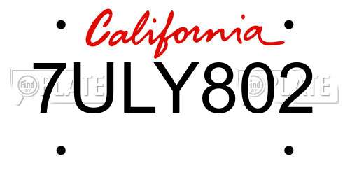 7ULY802 California License Plate