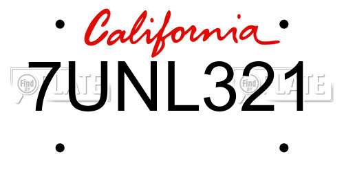 7UNL321 California License Plate