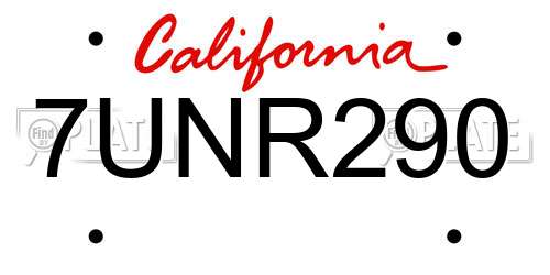 7UNR290 California License Plate