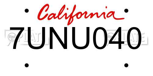 7UNU040 California License Plate