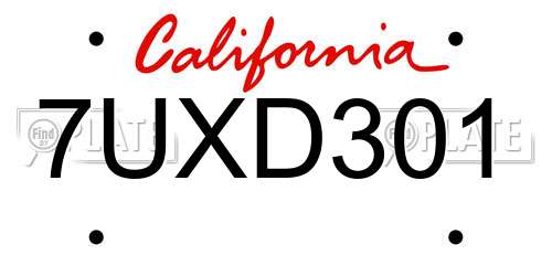 7UXD301 California License Plate