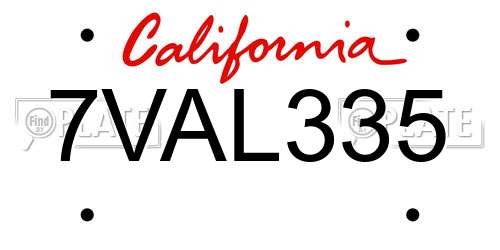 7VAL335 California License Plate