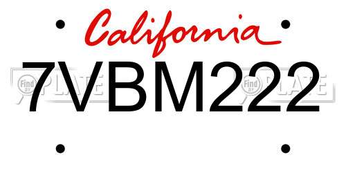 7VBM222 California License Plate