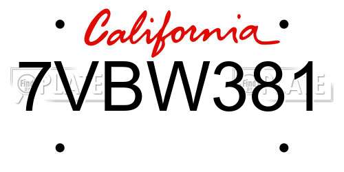 7VBW381 California License Plate