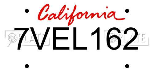 7VEL162 California License Plate