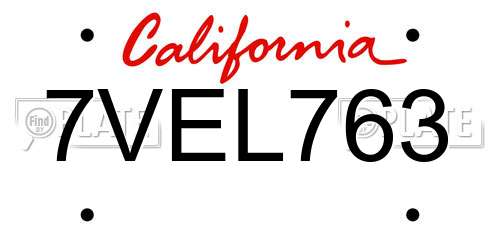 7VEL763 California License Plate
