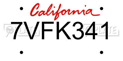 7VFK341 California License Plate