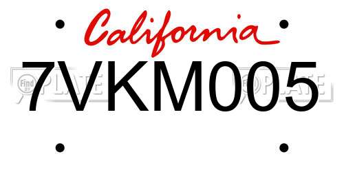 7VKM005 California License Plate