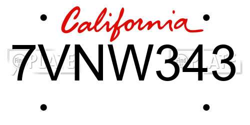 7VNW343 California License Plate