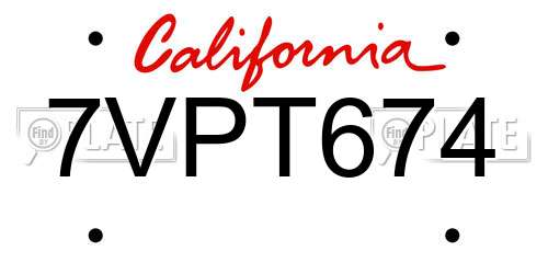 7VPT674 California License Plate